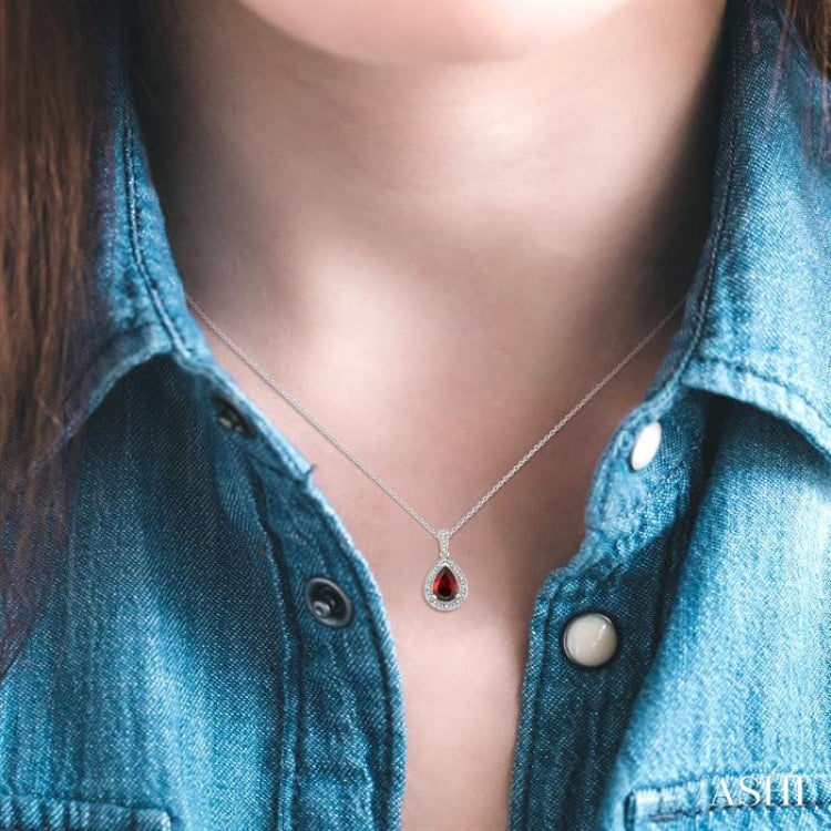 10x7 MM Pear Shape Garnet and 1/20 Ctw Round Cut Diamond Pendant in Sterling Silver with chain