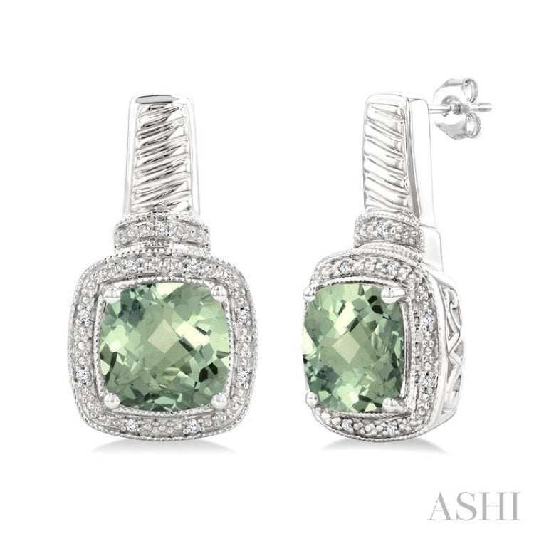 8x8 MM Cushion Shape Green Amethyst and 1/20 Ctw Single Cut Diamond Earrings in Sterling Silver