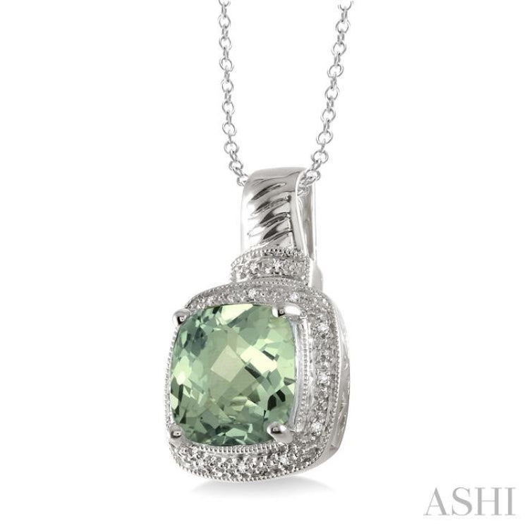 10x10 MM Cushion Shape Green Amethyst and 1/20 Ctw Single Cut Diamond Pendant in Sterling Silver with Chain