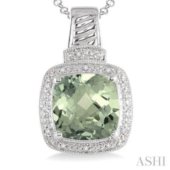 10x10 MM Cushion Shape Green Amethyst and 1/20 Ctw Single Cut Diamond Pendant in Sterling Silver with Chain