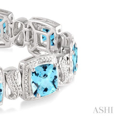 7x7 MM Cushion Shape Blue Topaz and 1/10 Ctw Single Cut Diamond Square Shape Bracelet in Sterling Silver