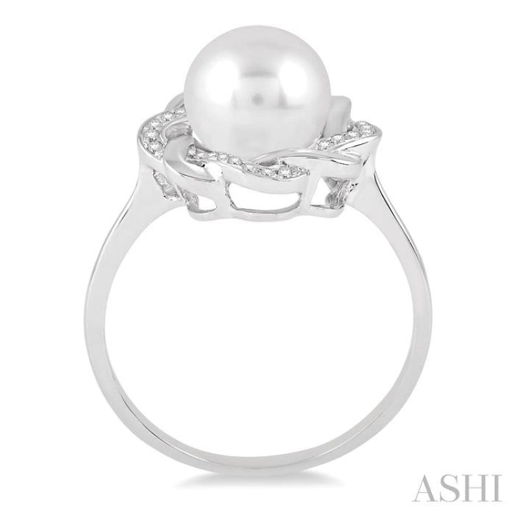 6.5 MM Round Shape Cultured Pearl and 1/10 Ctw Round Cut Diamond Ring in Sterling Silver