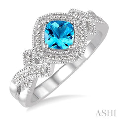 5x5 MM Cushion Shape Blue Topaz and 1/50 Ctw Round Cut Diamond Sterling Silver Ring