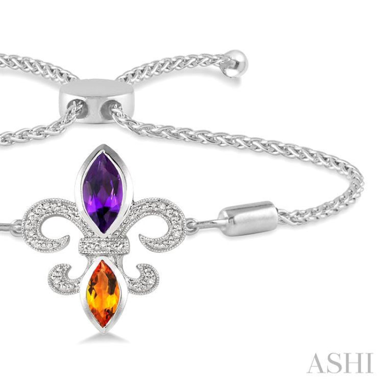 10x5 MM Marquise Cut Amethyst & 8x4 MM Marquise Cut Citrine and 1/20 Ctw Round Diamond Fleur De Lis Sterling Silver Lariat Bracelet