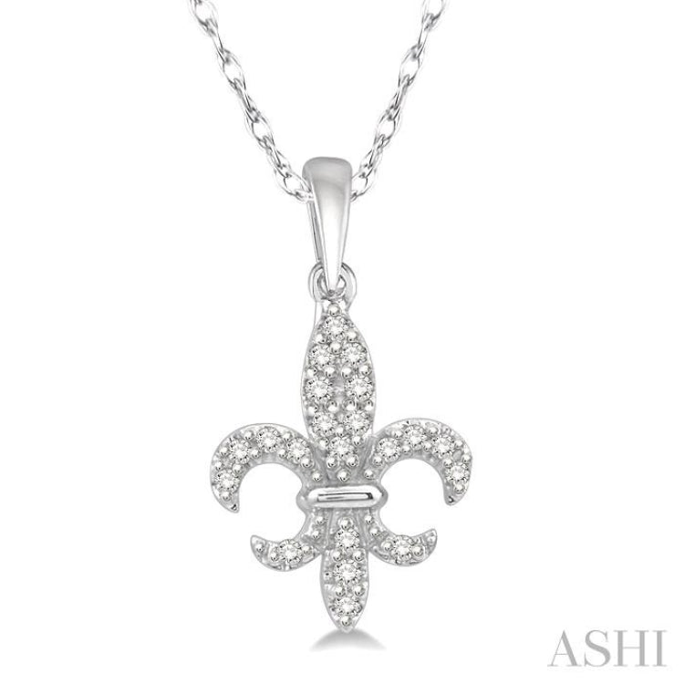 1/10 ctw Fleur De Lis Round Cut Diamond Pendant in 10K White Gold with chain