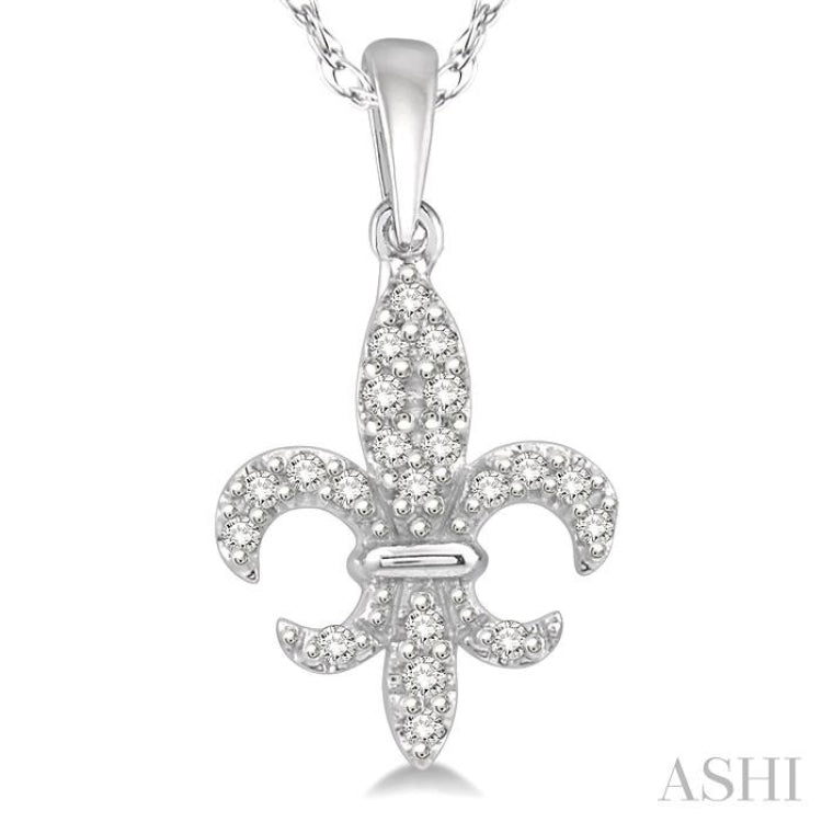 1/10 ctw Fleur De Lis Round Cut Diamond Pendant in 10K White Gold with chain