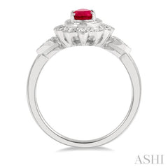 6x4 MM Oval Cut Ruby and 1/8 Ctw Lattice Reverse Taper Shank Round Cut Diamond Precious Ring in 10K White Gold
