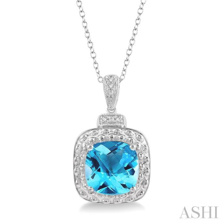 10x10 MM Cushion Shape Blue Topaz and 1/50 Ctw Round Cut Diamond Semi-Precious Pendant With Chain in Sterling Silver