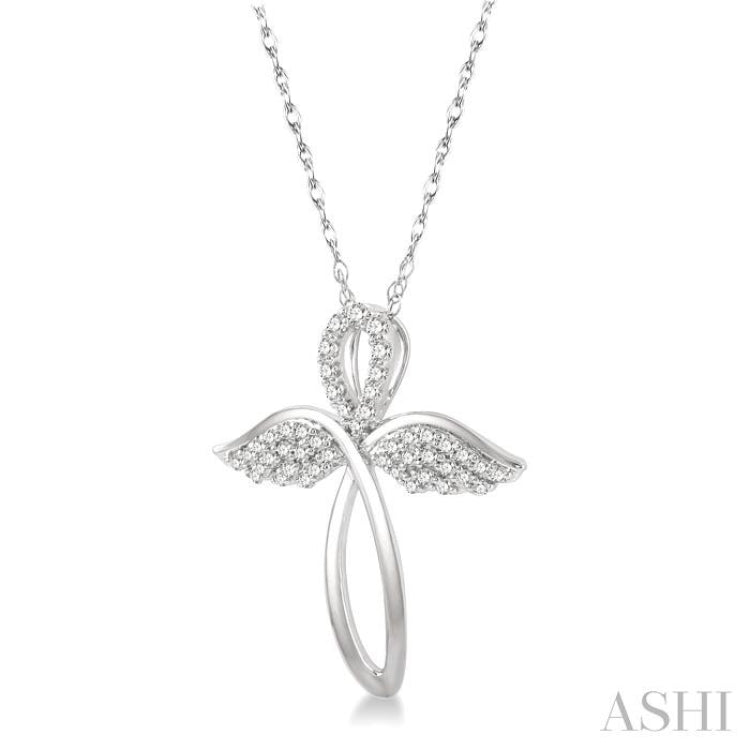 1/6 ctw Angel Wing Round Cut Diamond Cross Pendant With Chain in 10K White Gold