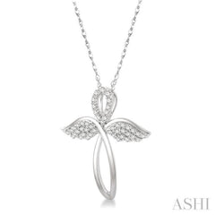 1/6 ctw Angel Wing Round Cut Diamond Cross Pendant With Chain in 10K White Gold