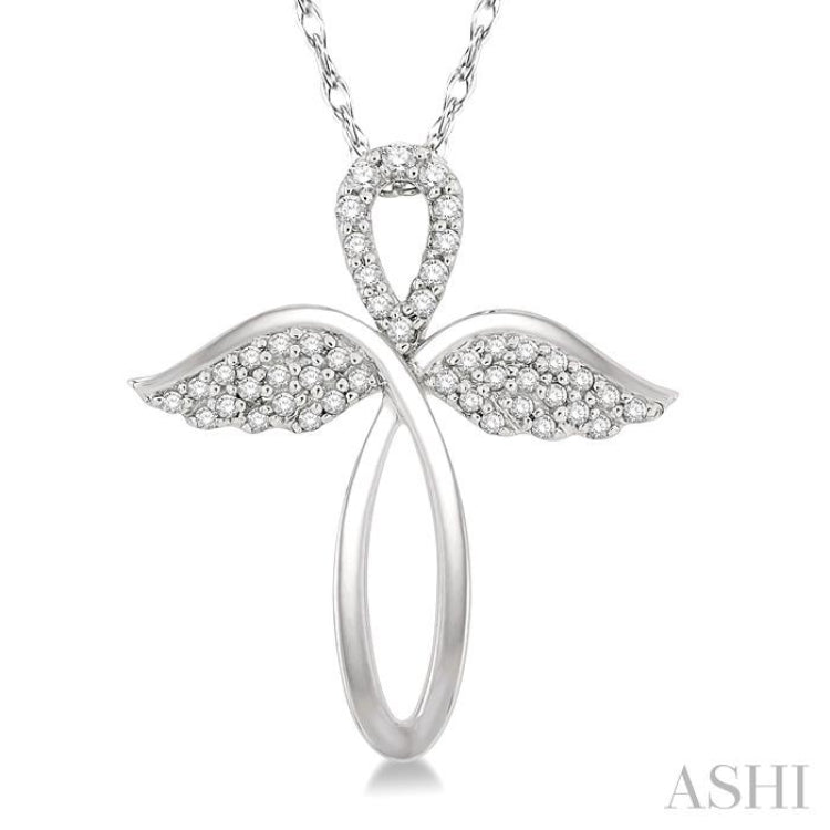 1/6 ctw Angel Wing Round Cut Diamond Cross Pendant With Chain in 10K White Gold
