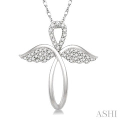 1/6 ctw Angel Wing Round Cut Diamond Cross Pendant With Chain in 10K White Gold