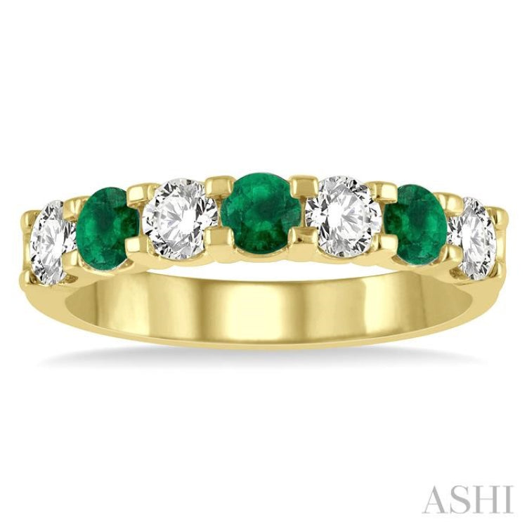 3.3 MM Emerald and 1/2 ctw Round Cut Diamond Precious Wedding Band in 14K Yellow Gold