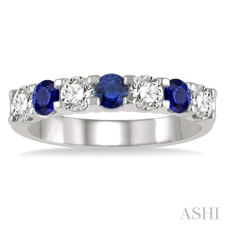 3.3 MM Sapphire and 1/2 Ctw Round Cut Diamond Precious Wedding Band in 14K White Gold