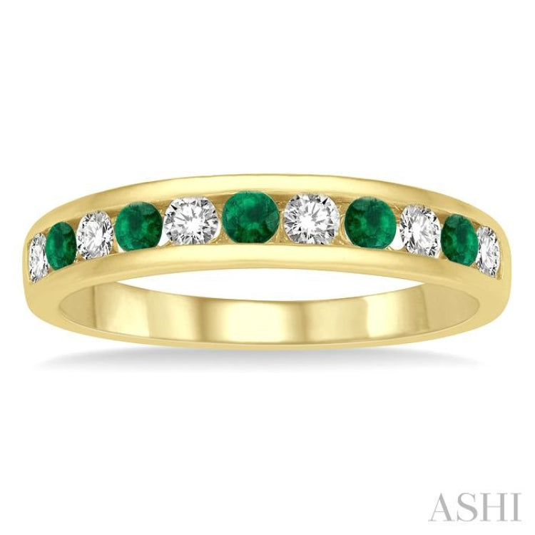 2.3 MM Emerald and 1/4 ctw Round Cut Diamond Precious Wedding Band in 14K Yellow Gold