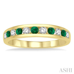 2.3 MM Emerald and 1/4 ctw Round Cut Diamond Precious Wedding Band in 14K Yellow Gold