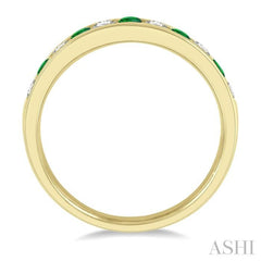 2.3 MM Emerald and 1/4 ctw Round Cut Diamond Precious Wedding Band in 14K Yellow Gold