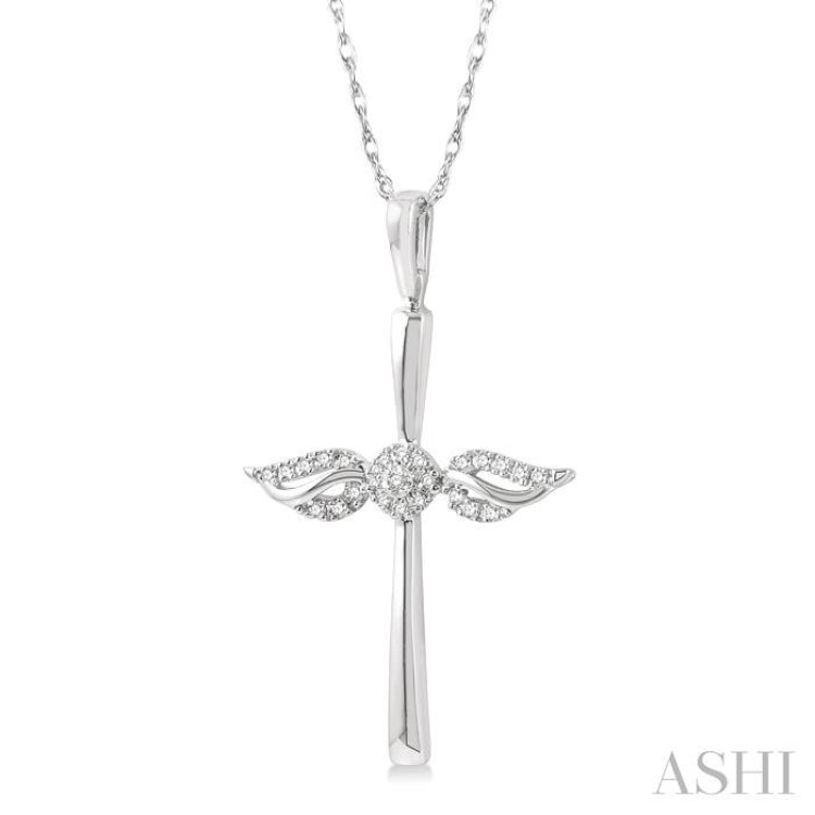 1/10 ctw Angel Wing Round Cut Diamond Cross Petite Pendant With Chain in 10K White Gold