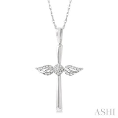 1/10 ctw Angel Wing Round Cut Diamond Cross Petite Pendant With Chain in 10K White Gold