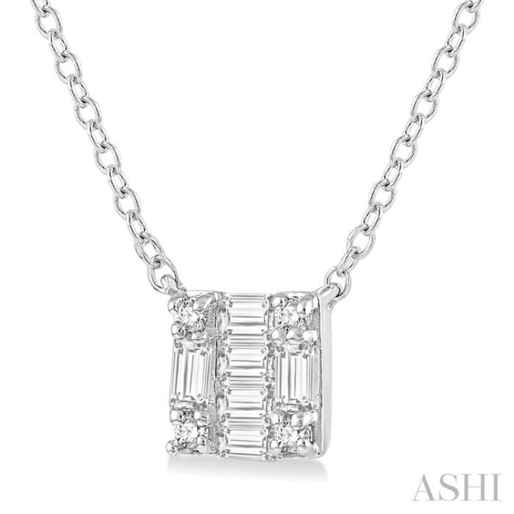 1/8 ctw Square Shape Baguette and Round Cut Diamond Petite Fashion Pendant With Chain in 10K White Gold