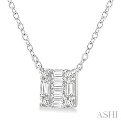 1/8 ctw Square Shape Baguette and Round Cut Diamond Petite Fashion Pendant With Chain in 10K White Gold