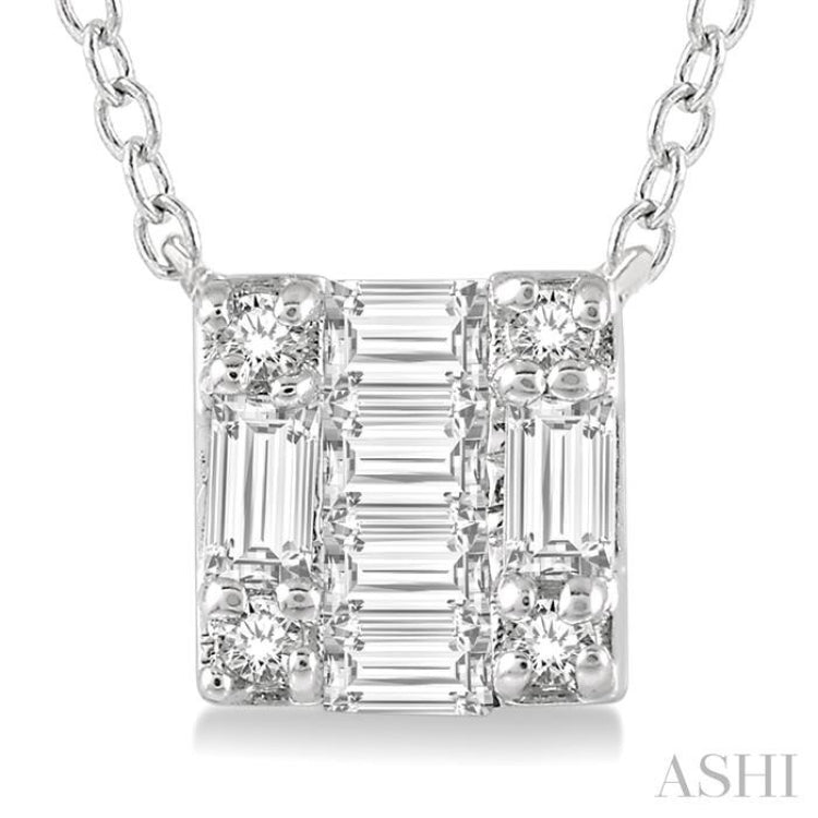 1/8 ctw Square Shape Baguette and Round Cut Diamond Petite Fashion Pendant With Chain in 10K White Gold