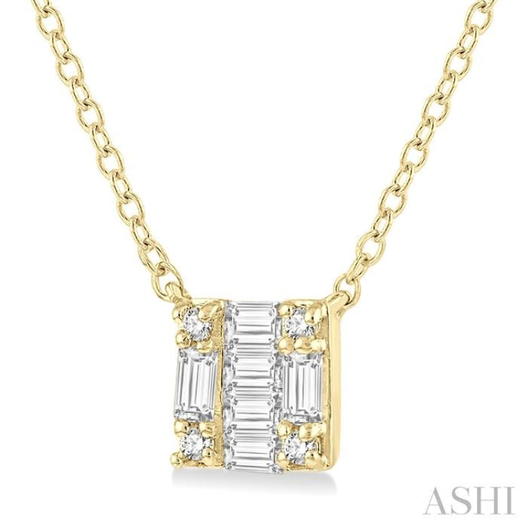 1/8 ctw Square Shape Baguette and Round Cut Diamond Petite Fashion Pendant With Chain in 10K Yellow Gold