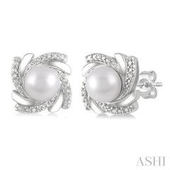 6x6 MM Round Shape Cultured Pearls and 1/50 Ctw Swirl Round Cut Diamond Earring in Sterling Silver