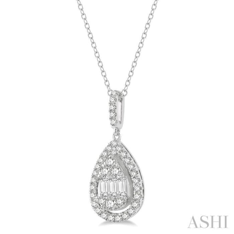 1/3 ctw Pear Shape Halo Baguette and Round Cut Diamond Fusion Pendant With Chain in 14K White Gold