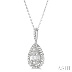 1/3 ctw Pear Shape Halo Baguette and Round Cut Diamond Fusion Pendant With Chain in 14K White Gold