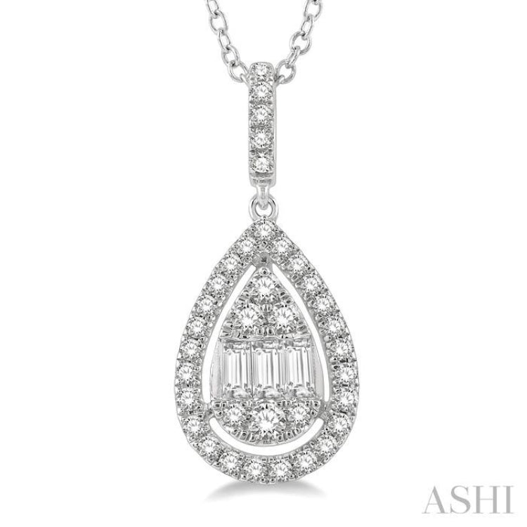 1/3 ctw Pear Shape Halo Baguette and Round Cut Diamond Fusion Pendant With Chain in 14K White Gold