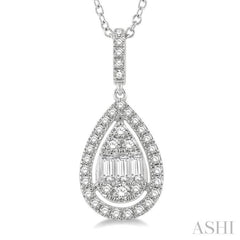 1/3 ctw Pear Shape Halo Baguette and Round Cut Diamond Fusion Pendant With Chain in 14K White Gold