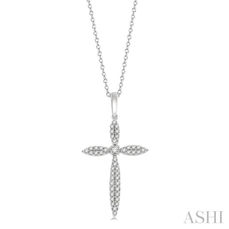 1/4 ctw Marquise Shape Round Cut Diamond Cross Pendant With Chain in 10K White Gold