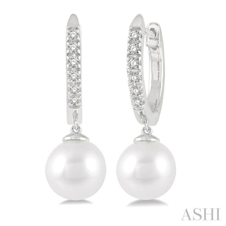 6 MM Round Shape Cultured Pearls and 1/8 Ctw Round Cut Diamond Drop Petite Huggie Earrings 14K White Gold