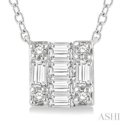 1/8 ctw Square Shape Baguette and Round Cut Diamond Petite Fashion Pendant With Chain in 14KWhite Gold