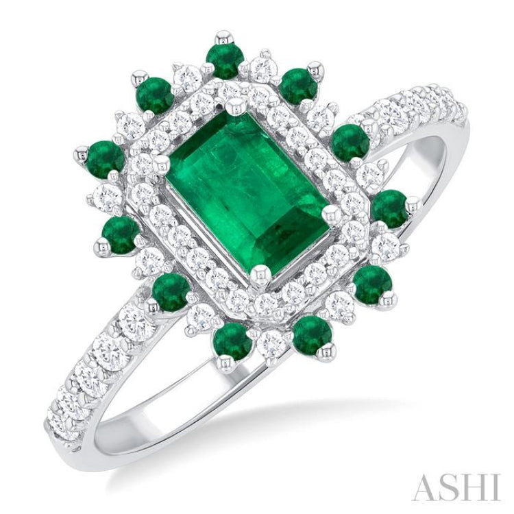 6X4 MM Emerald Shape & 1.5 MM Round Cut Emerald and 1/3 ctw Round Cut Diamond Floral Precious Ring in 14K White Gold