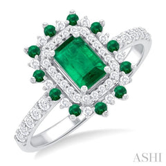 6X4 MM Emerald Shape & 1.5 MM Round Cut Emerald and 1/3 ctw Round Cut Diamond Floral Precious Ring in 14K White Gold