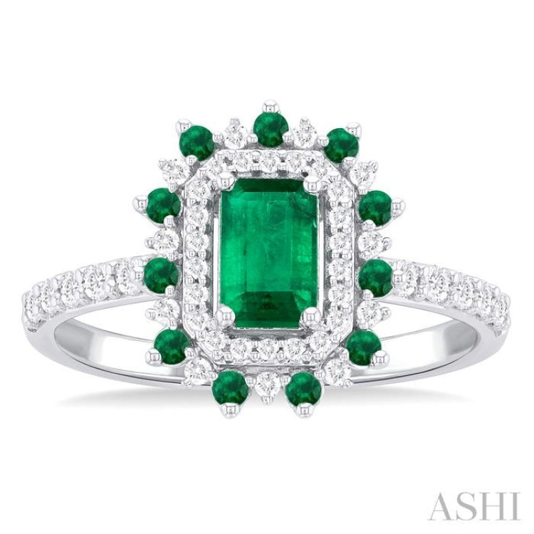 6X4 MM Emerald Shape & 1.5 MM Round Cut Emerald and 1/3 ctw Round Cut Diamond Floral Precious Ring in 14K White Gold