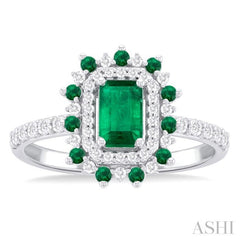 6X4 MM Emerald Shape & 1.5 MM Round Cut Emerald and 1/3 ctw Round Cut Diamond Floral Precious Ring in 14K White Gold
