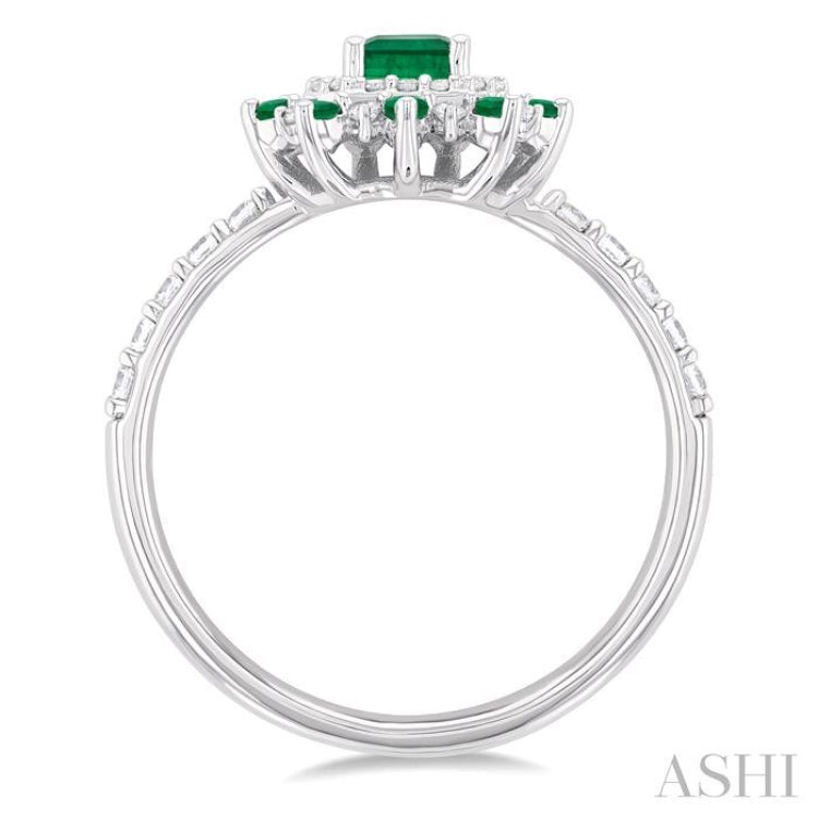6X4 MM Emerald Shape & 1.5 MM Round Cut Emerald and 1/3 ctw Round Cut Diamond Floral Precious Ring in 14K White Gold