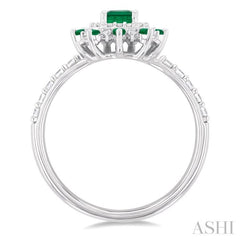 6X4 MM Emerald Shape & 1.5 MM Round Cut Emerald and 1/3 ctw Round Cut Diamond Floral Precious Ring in 14K White Gold