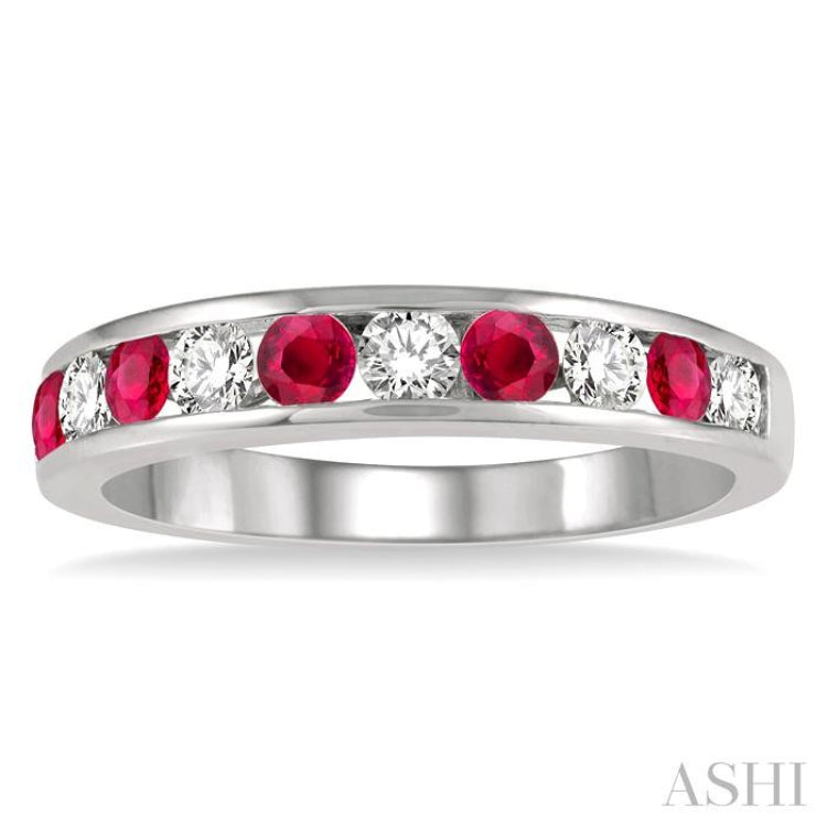 2.6 MM Ruby and 3/8 Ctw Round Cut Diamond Precious Wedding Band in 14K White Gold