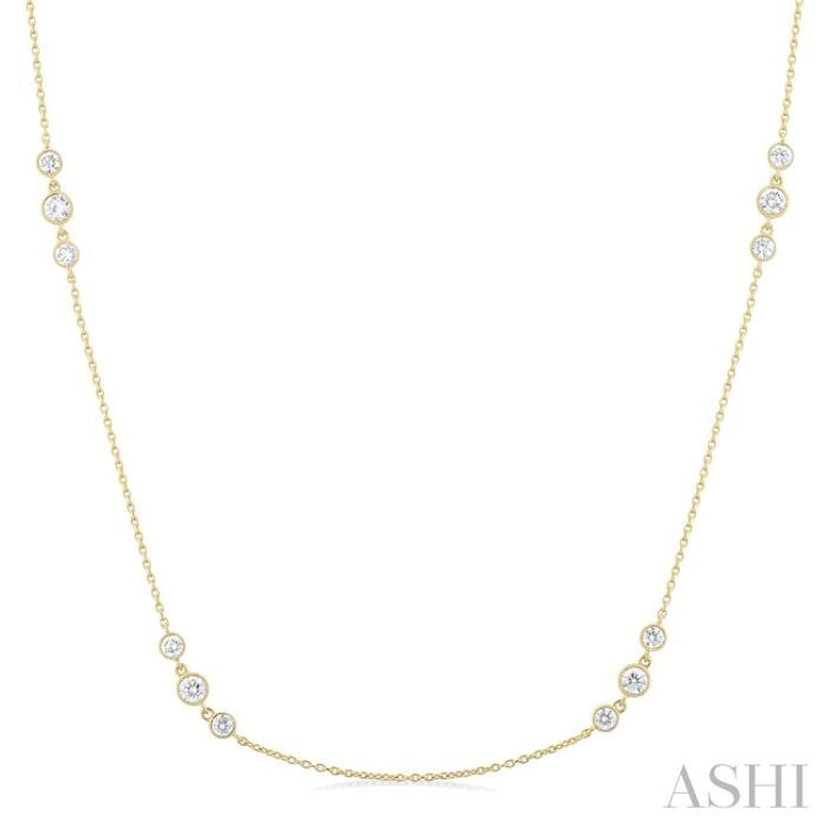 1 Ctw Three Stone Bezel Set Round Cut Diamond Station Necklace in 14K Yellow Gold