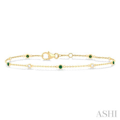 1.8 MM Emerald and 1/10 ctw Bezel Set Round Cut Diamond Precious Gemstone Station Bracelet in 14K Yellow Gold