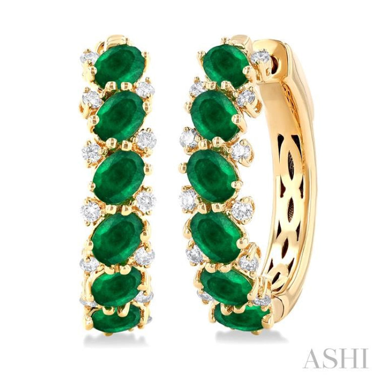 4X3 MM Oval Cut Emerald and 1/4 ctw Round Cut Diamond Precious Hoop Earring in 14K Yellow Gold