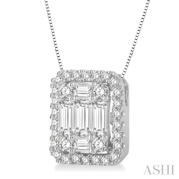 3/4 ctw Octagonal Baguette & Round Cut Diamond Pendant With Box Chain in 14K White Gold