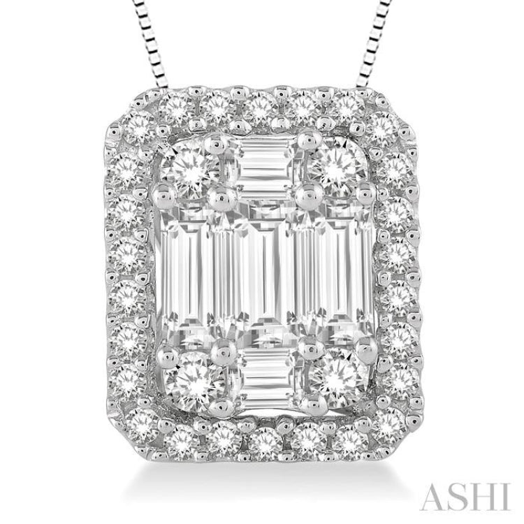 3/4 ctw Octagonal Baguette & Round Cut Diamond Pendant With Box Chain in 14K White Gold