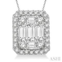 3/4 ctw Octagonal Baguette & Round Cut Diamond Pendant With Box Chain in 14K White Gold