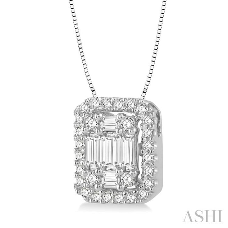1/2 ctw Octagonal Baguette & Round Cut Diamond Pendant With Box Chain in 14K White Gold