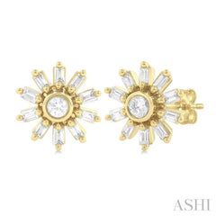 1/4 Ctw Petite Wheel Baguette and Round Cut Diamond Fashion Stud Earring in 10K Yellow Gold